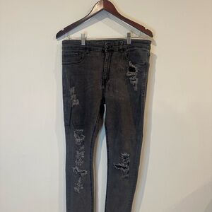 Men’s  Black Distressed Skinny Stretch Denim Jeans 5-Pocket Button Zip Solid